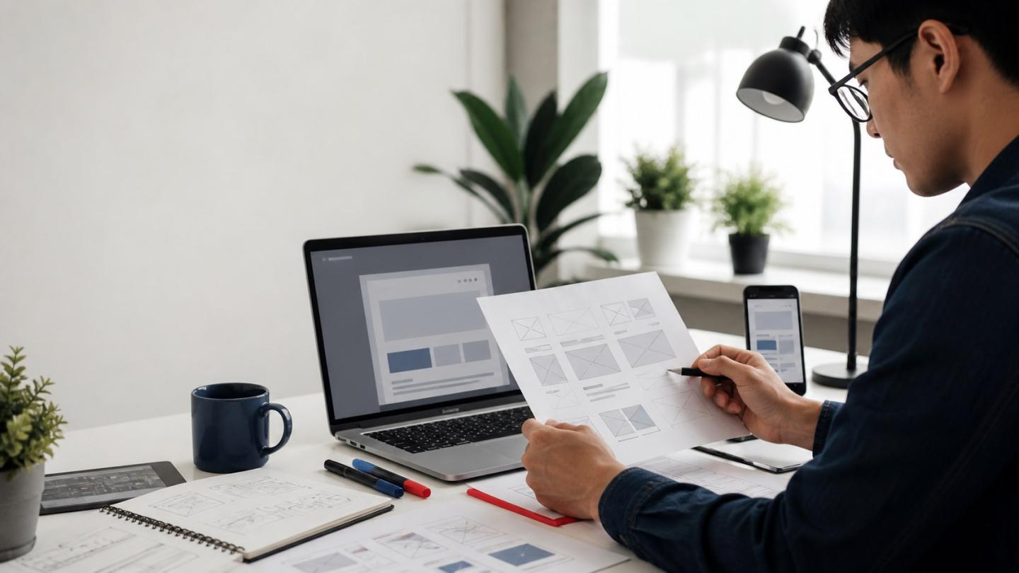 Nhà thiết kế web rà soát wireframe website trên laptop và thiết bị di động