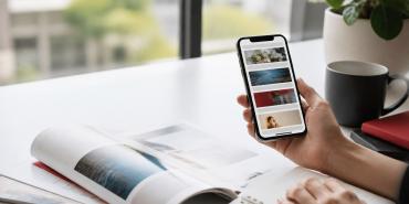 Người dùng xem feed nội dung trên điện thoại trong không gian làm việc sáng