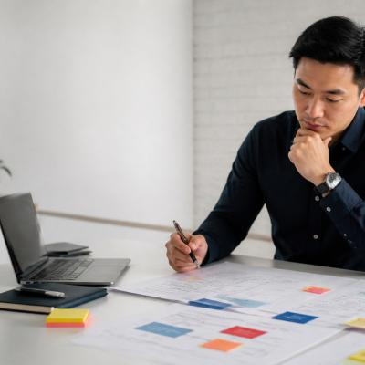 Người làm marketing phân tích bản đồ hành trình khách hàng và dữ liệu để ra quyết định