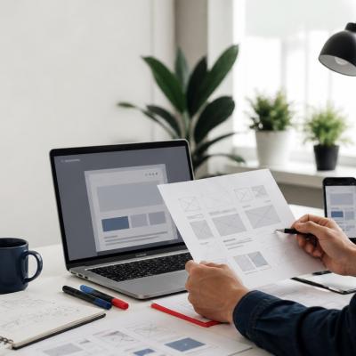 Nhà thiết kế web rà soát wireframe website trên laptop và thiết bị di động