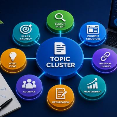 Topic Cluster với Search Intent, Pillar Content, Content Structure, Internal Linking, Audience, Optimization và Measurement